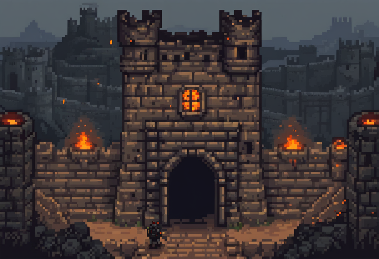 Pixel-art illustration: a great stone fortress with concentric rings of walls and a lone watchman on the outer rampart at dusk.
