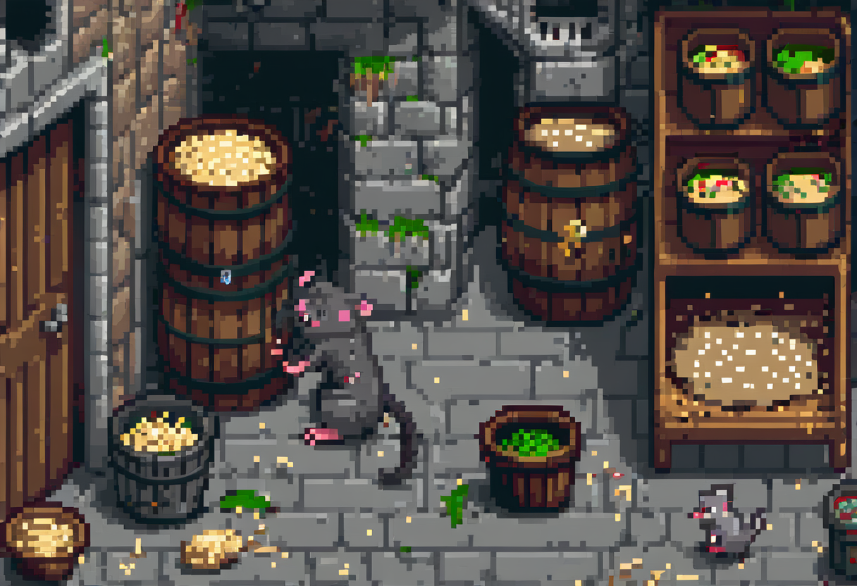 Pixel-art illustration: a castle storeroom infested with vermin, a large rat among barrels of grain, sacks split open and spoiling.
