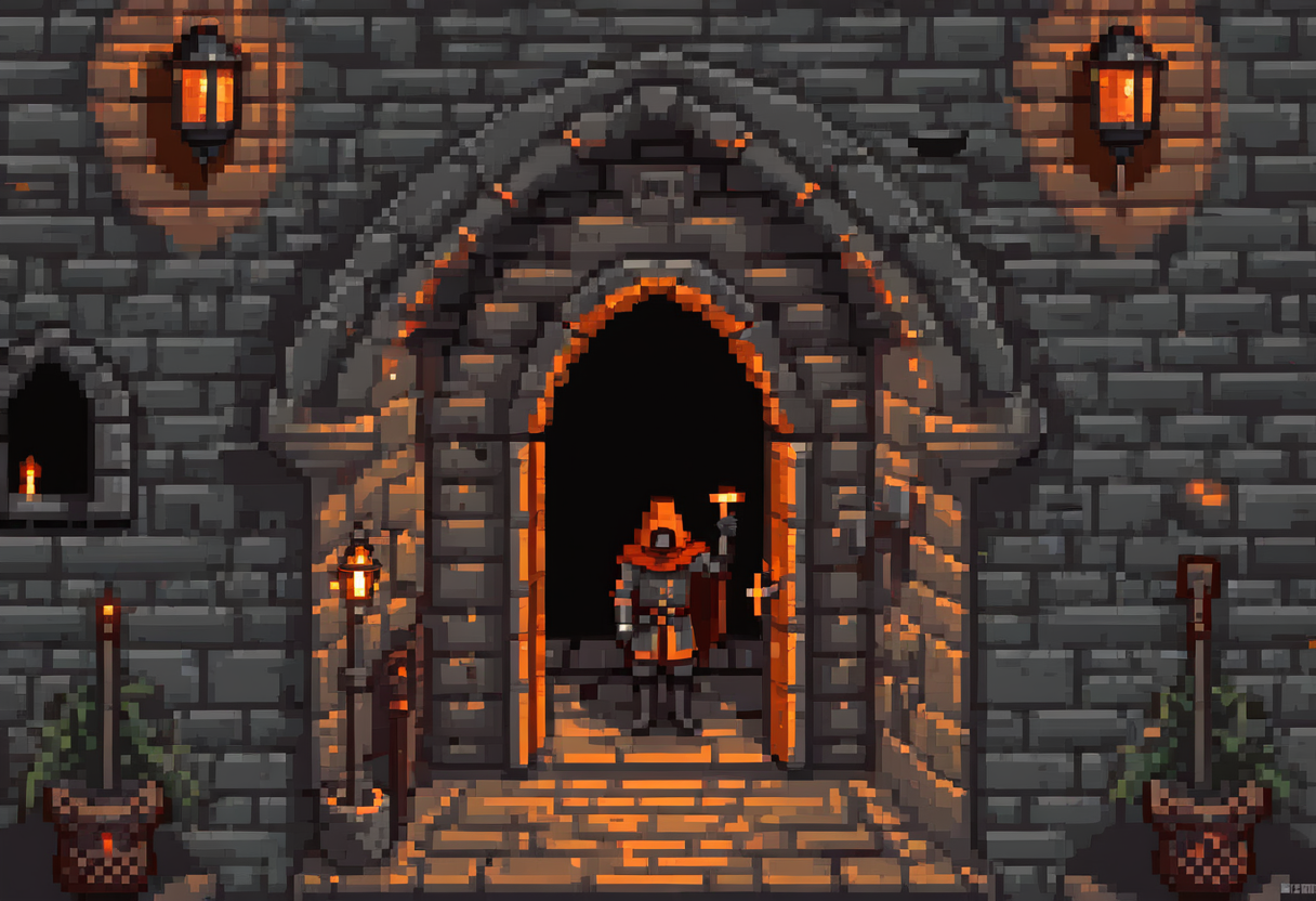 Pixel-art illustration: a guard at a torch-lit castle gatehouse checking a traveller's keys and sealed pass at the portcullis.