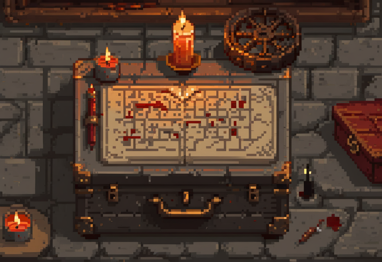 Pixel-art illustration: a candlelit stone table with a locked strongbox, a wax-sealed scroll, and a brass cipher wheel.
