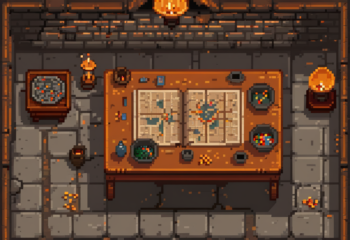 Pixel-art illustration: an overhead view of a war-room table with a parchment map and bowls of counting tokens by candlelight.