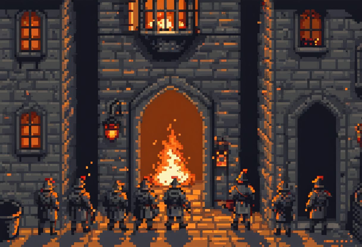 Pixel-art illustration: guards forming a bucket-brigade line against a fire burning inside a castle keep at night.