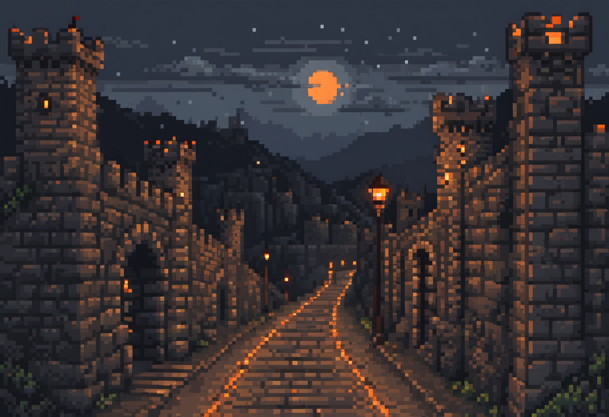 Pixel-art illustration: a row of signal-lit watchtowers along a castle rampart road at night.