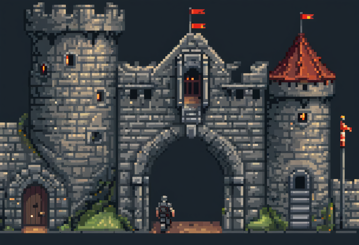 Pixel-art illustration: a fortified castle gatehouse with a guarded checkpoint at the gate, a sentry inspecting who passes.