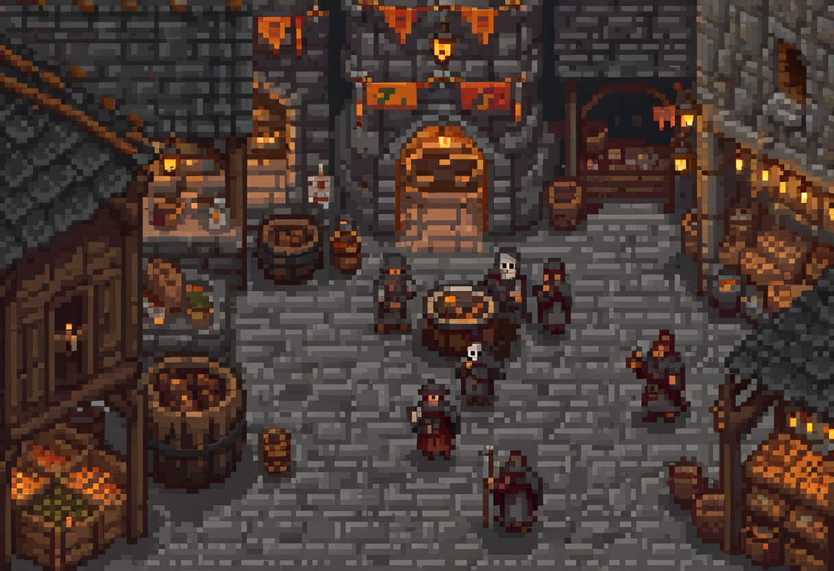 Pixel-art illustration: a bustling medieval market square just inside an open castle gate.