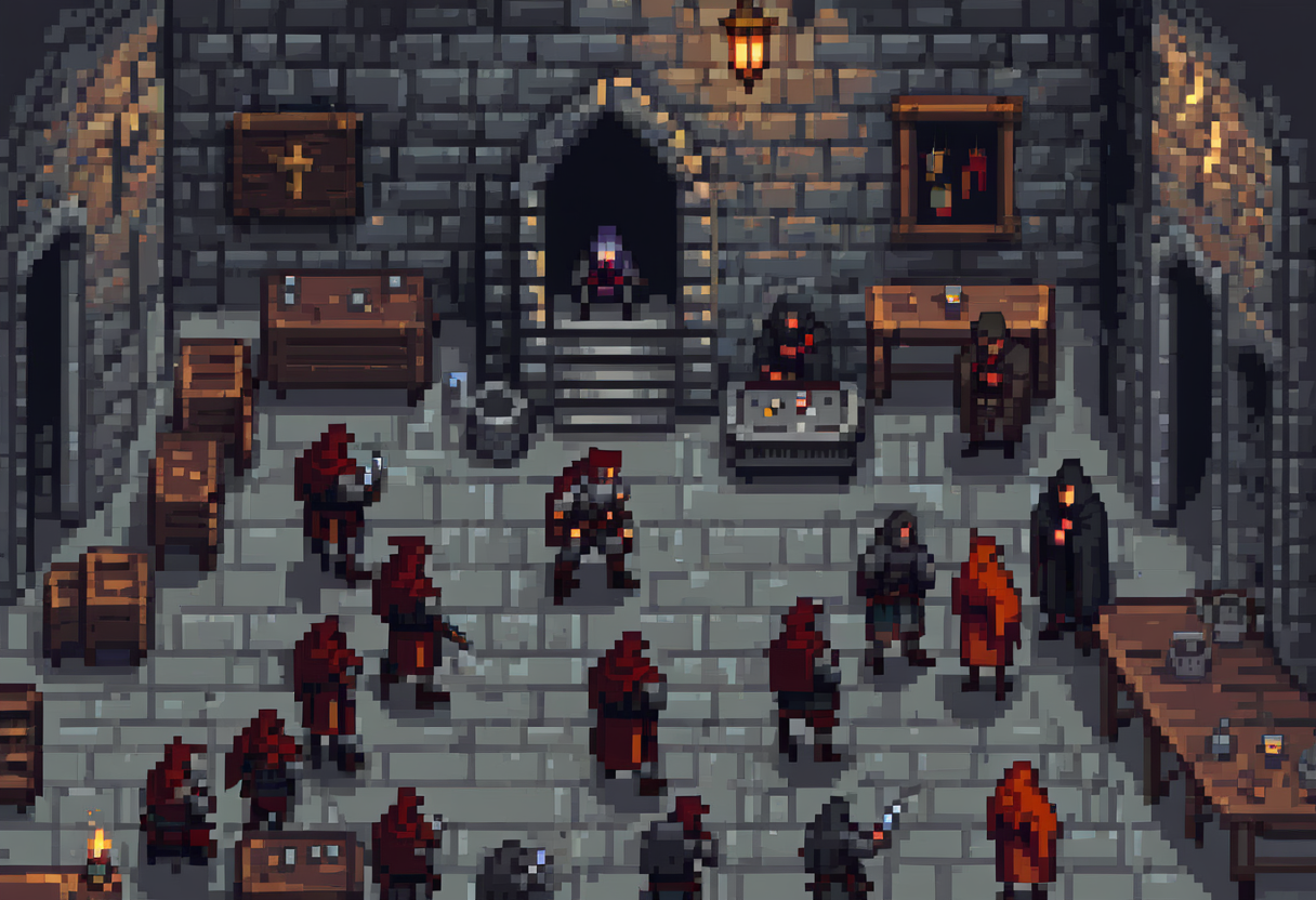 Pixel-art illustration: a crowded underground thieves' guild hall packed with hooded rogues, a criminal economy at scale.