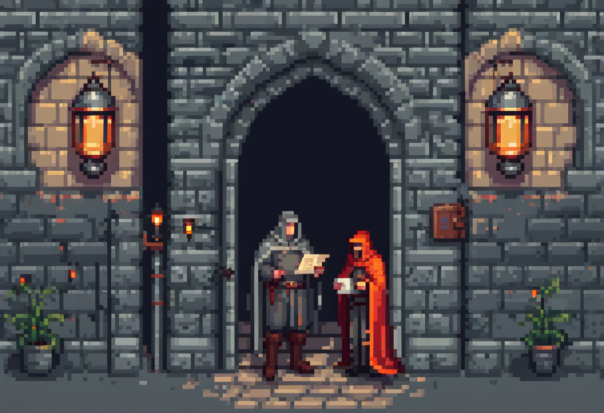 Pixel-art illustration: at a lamplit castle gate, a cloaked stranger hands a forged sealed document to a guard who reads it.