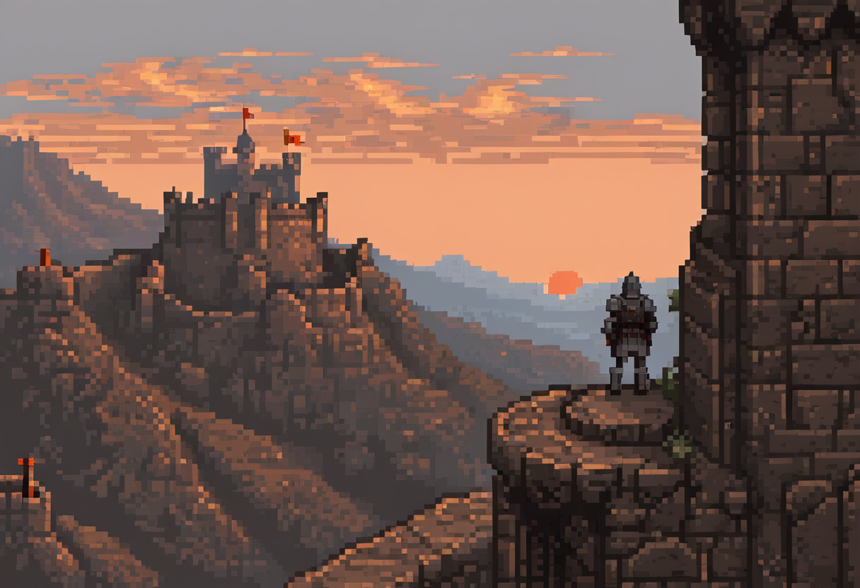 Pixel-art illustration: an armoured watchman on a high rampart overlooking a castle and distant hills at sunset.