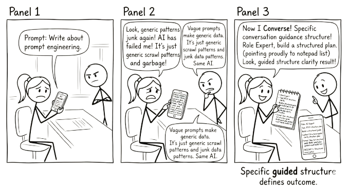 Comic strip: A stick figure sends a vague prompt and gets generic garbage. She blames the AI. Another stick figure uses a structured RTCF prompt with role, task, context, and format. Same AI, clear result. Punchline: Specific guided structure defines outcome.