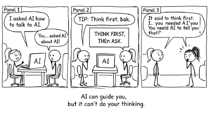 Comic strip: A stick figure asks AI how to talk to AI. AI says 'Think first, then ask.' The other figure responds: 'You needed AI to tell you that?' Punchline: AI can guide you, but it can't do your thinking.